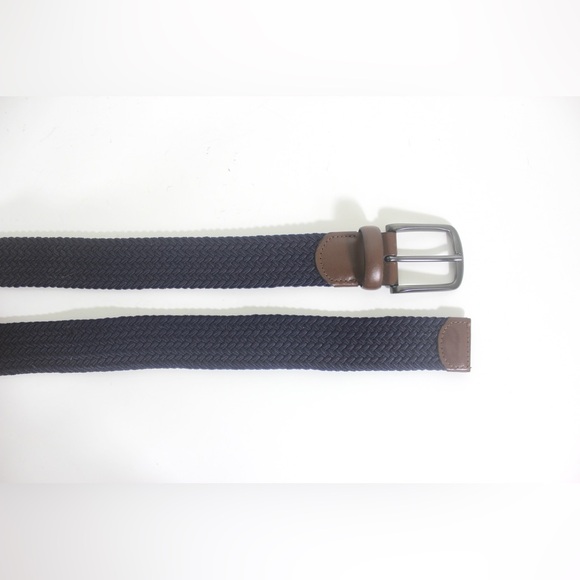 Dark Blue Stretch Belt with Dark Brown Leather Silver Buckle, Leather Detail - Picture 7 of 8